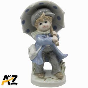 KPM Porcelain Figurine Young Girl With Polka Dot Umbrella Pale Blue 7.5" High